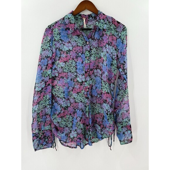 Free People Mathilda Sheer Floral Long Sleeve Button Up Blouse Side Ties SMALL - Picture 2 of 13